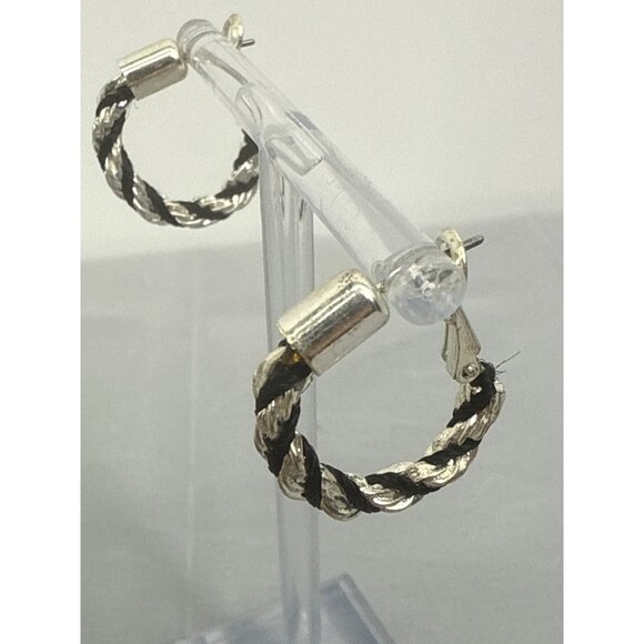 Twisted Rope-Style Hoop Earrings Silver & Black Braided Design - Picture 4 of 4